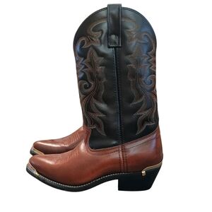 Men's Brown Leather Cowboy Boots Silver Tips Size 7 EW Extra Wide